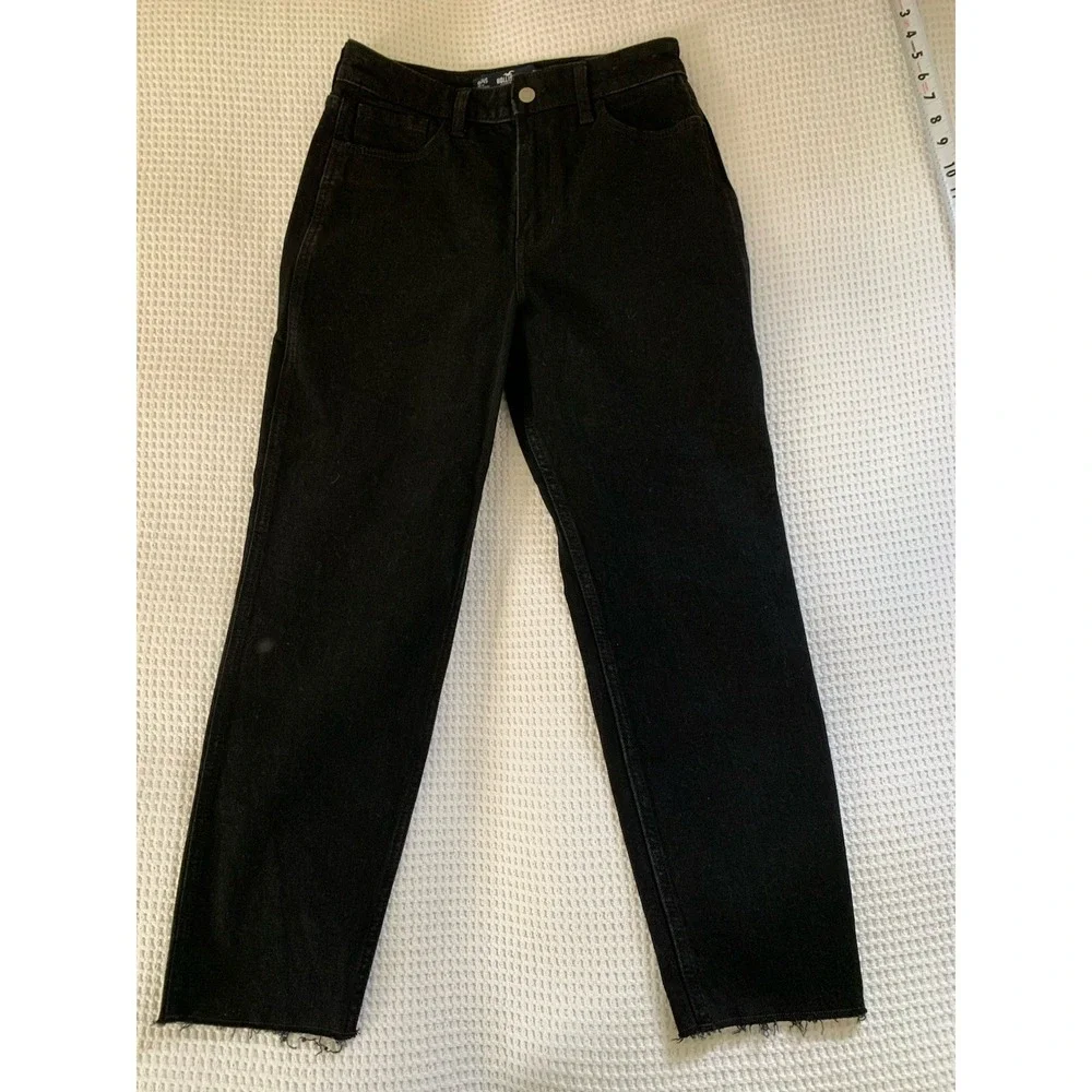 Hollister Ultra High-Rise‎ Mom Jeans Sz 27S Dark Wash Raw Hem Denim Black 5s/4s